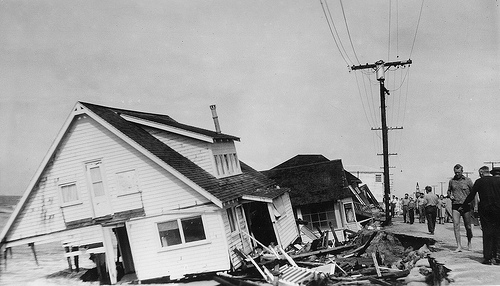 A storm causes severe damage to Sunset Beach in Sept. 1939. (Photo courtesy Orange County Archives) A storm causes severe damage to Sunset Beach in Sept. 1939. (Photo courtesy Orange County Archives)