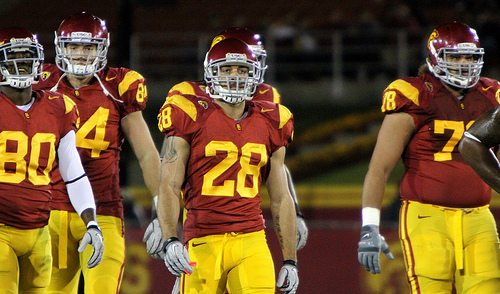The USC Trojans after a 34-33 victory over Arizona St. at the Los Angeles Memorial Coliseum on Nov. 6, 2010. (Shotgun Spratling/Neon Tommy)