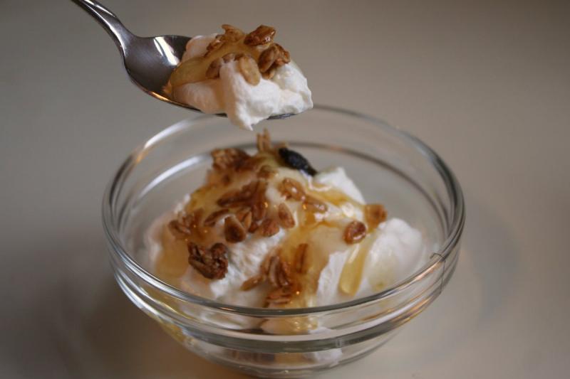 Greek yogurt with granola and honey.  Photo by Flickr.