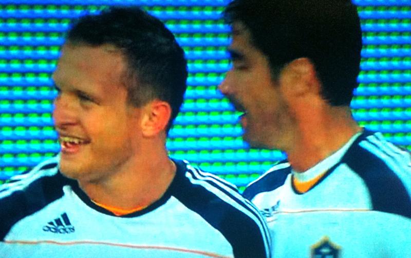 Chad Barrett (left) celebrates his goal alongside teammate Juan Pablo Angel.