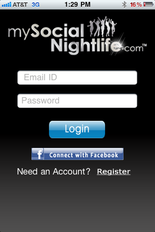 Main page of MySocialNightlife's iPhone App. Photo courtesy of Artin Nazarian