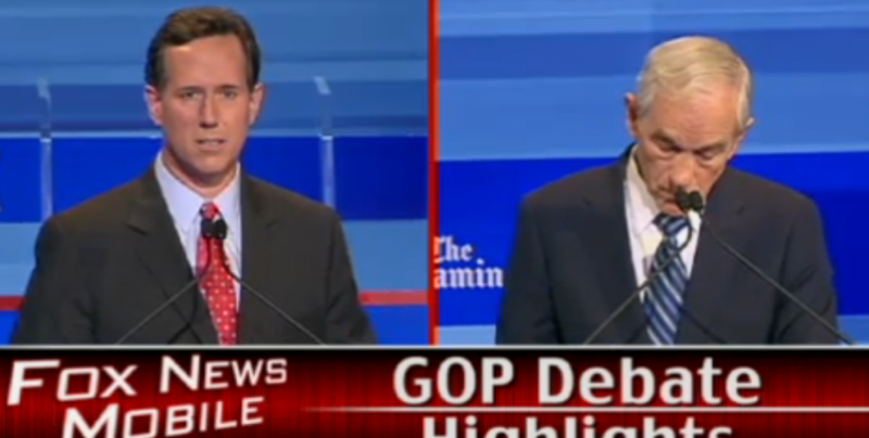 Santorum and Paul clash over Iranian nuclear ambitions during the Iowa debate. (Courtesy of Fox News)