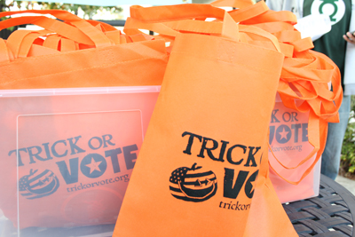 Trick or Vote bags are lined up and ready to be distributed on Halloween (Photo by Piya Sinha-Roy)
