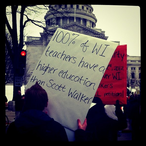 Protestors outside Wisconsin capitol building in Madison (Creative Commons).