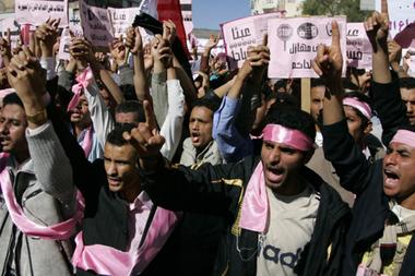 Yemeni protesters in the capital city of Sana'a (Creative Commons).