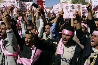 Yemeni protesters in the capital city of Sana'a (Creative Commons). Yemeni protesters in the capital city of Sana'a (Creative Commons).