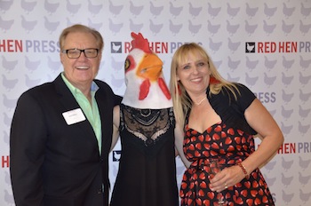 Managing Editor, Kate Gale, and author, Brad Wethern, pose with the Red Hen  (Sara Newman/Neon Tommy)