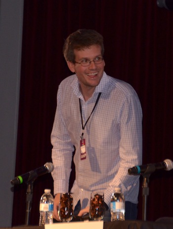 John Green arrives on stage to the delight of cheering fans (Sara Newman/Neon Tommy)