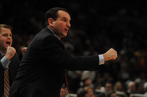 Mike Kryzewski encourages his players as Duke advances to the third round of the NCAA tournament (Michigan Daily/Flickr).