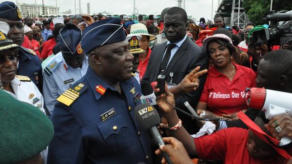 Air Chief Marshal Alex Badeh during a demonstration calling for the government to rescue the kidnapped girls. (Twitter/@mashable)