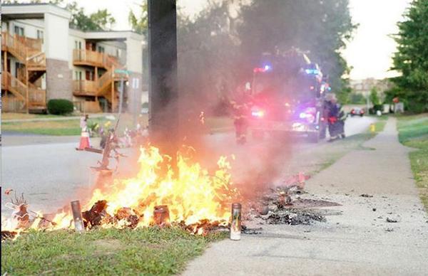 Michael Brown's memorial was burned down to ashes. (@ComplexMag / Twitter)