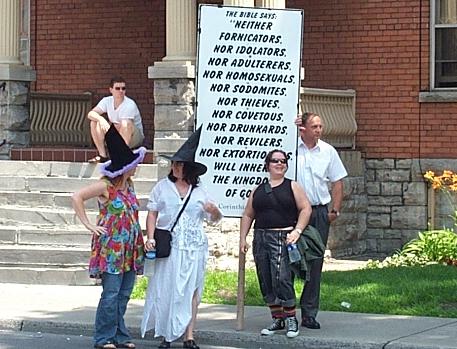Christians protesting gay marriage on the grounds of sexual sin. We can only assume they've never sinned themselves. (Wikimedia Commons, Montrealais.)