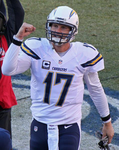 Philip Rivers was brilliant on Sunday, connecting with Antonio Gates three times for touchdowns against the stingy Seahawk defense. (Jeffrey Beall/Wikimedia Commons)