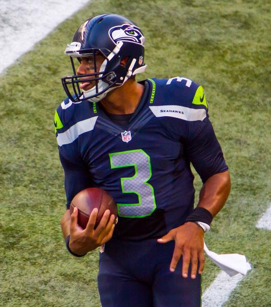 Russell Wilson played brilliantly Monday night, overcoming numerous mistakes by his offensive line. (Mike Morris/Wikimedia Commons)