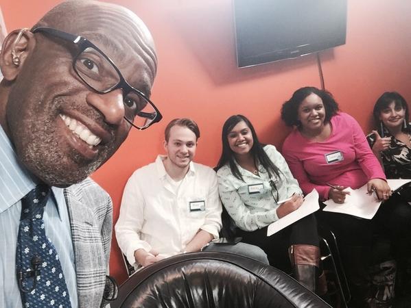 Al Roker takes a selfie with Guinness World Book of Record Witnesses at the 16 hour mark of his attempt to shatter the world record for the longest weather report. (@AlRoker/Twitter)