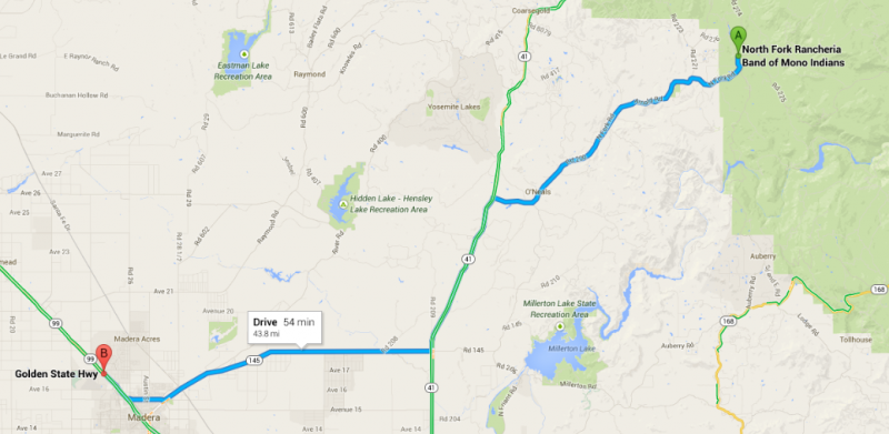 The distance between the proposed casino site and the North Fork Rancheria reservation is what has opponents up in arms. (Google Maps) The distance between the proposed casino site and the North Fork Rancheria reservation is what has opponents up in arms. (Google Maps)