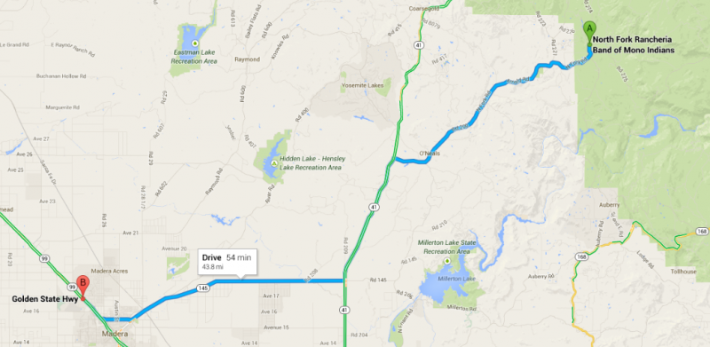 The distance between the proposed casino site and the North Fork Rancheria reservation is what has opponents up in arms. (Google Maps)