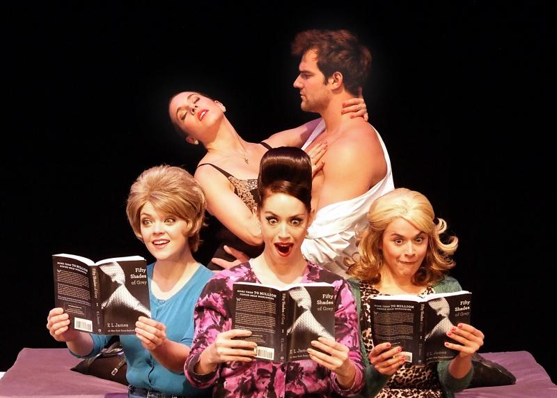 Tiffany (pictured center) as Pam, outrageously portraying an expression of appalled intrigue at the content of 50 Shades of Grey. (Photo by Ed Krieger)