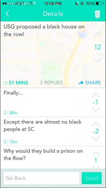 Anonymous Yik Yak users express backlash against the proposed Black House. (By Mark Love)