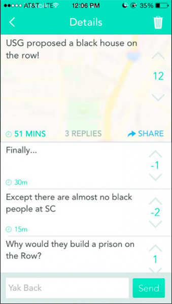 Anonymous Yik Yak users express backlash against the proposed Black House. (By Mark Love) Anonymous Yik Yak users express backlash against the proposed Black House. (By Mark Love)