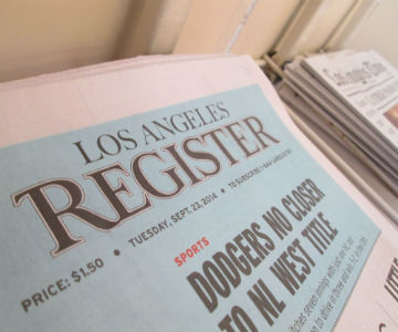 The final edition of the L.A. Register awaits purchase on newsstands Downtown. (Celeste Alvarez/ Neon Tommy) The final edition of the L.A. Register awaits purchase on newsstands Downtown. (Celeste Alvarez/ Neon Tommy)