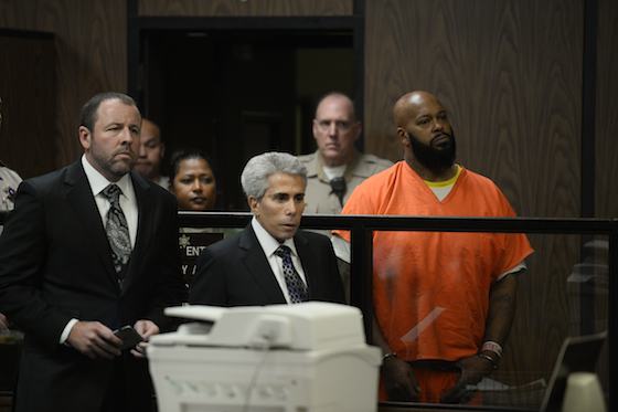Suge Knight appears beside his attorney in a Compton Courthouse during his arraignment, the morning of Feb. 3rd. ( Courtesy of Paul Beck/ EPA)