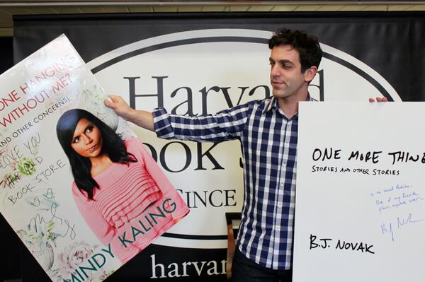 Novak pushes friend Mindy Kaling's book poster aside to show off his new work (@HarvardBooks/Twitter)