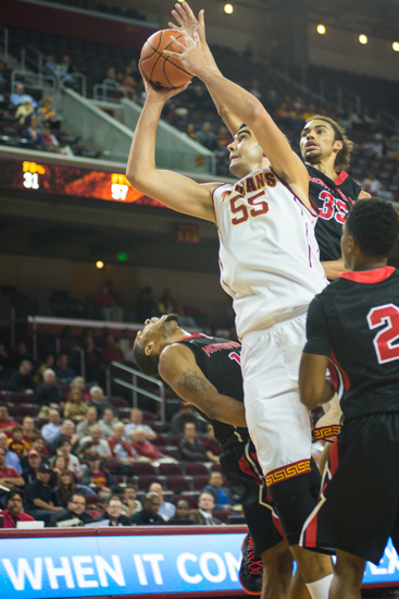 Omar Oraby (55) nearly set a career high in points Tuesday night. (Charles Magovern/Neon Tommy)