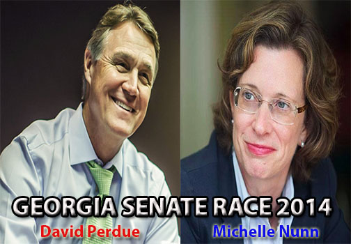 David Perdue and Michelle Nunn. Twitter, @Perduesenate and @MichelleNunnGA. David Perdue and Michelle Nunn. Twitter, @Perduesenate and @MichelleNunnGA.