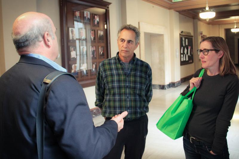 Eric Preven (left) speaks with two District 2 constituents, Jon Gordon (middle) and Nora Doyle (right), at City Hall. Gordon and Doyle recently worked with Paul Krekorian to preserve trees on Cantura Street in Studio City.