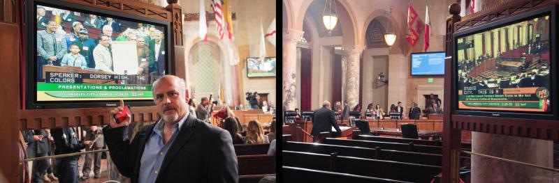 During the broadcast of the city council meetings, the video camera goes from a tight shot during presentations to a wideshot during public hearings. This is something Eric Preven is opposed to. (Cameron Quon/neontommy)
