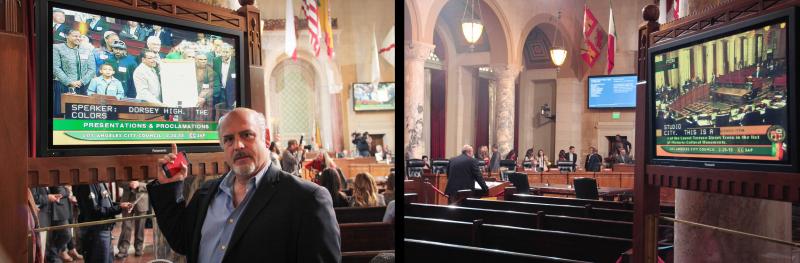 During the broadcast of the city council meetings, the video camera goes from a tight shot during presentations to a wideshot during public hearings. This is something Eric Preven is opposed to. (Cameron Quon/neontommy) During the broadcast of the city council meetings, the video camera goes from a tight shot during presentations to a wideshot during public hearings. This is something Eric Preven is opposed to. (Cameron Quon/neontommy)