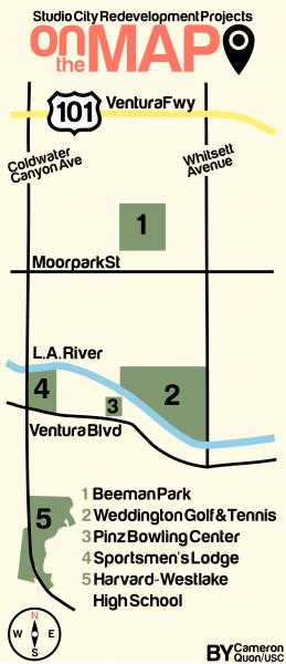 A map showing the locations in Studio City that face major redevelopment plans (Cameron Quon/neontommy). CLICK TO ENLARGE