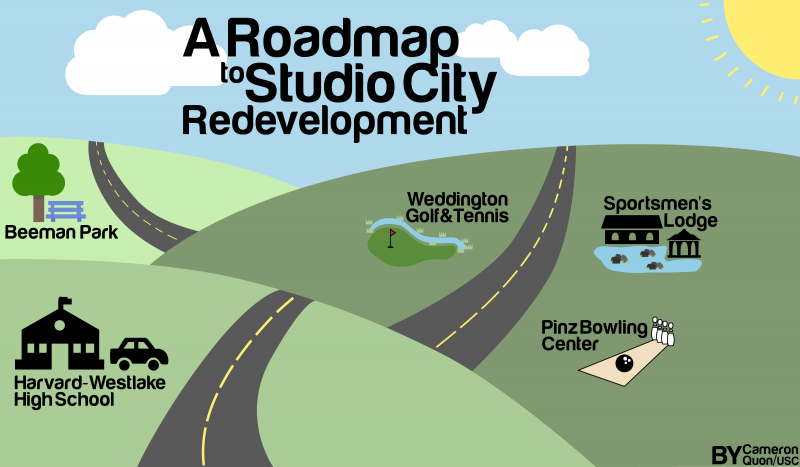 Locations that face major redevelopment plans in Studio City (Cameron Quon/neontommy). CLICK TO ENLARGE