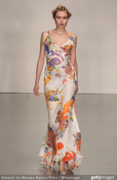 Printed draped dress at Vivienne Westwood (Getty Images).