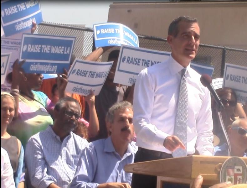 Garcetti announcing minimum wage proposal(Priyanka Deo / Neon Tommy)