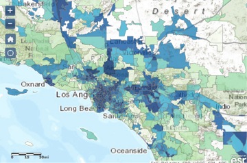 Screenshot of Southern California area, dark blue indicates most polluted (Janin/CalEnviroScreen)