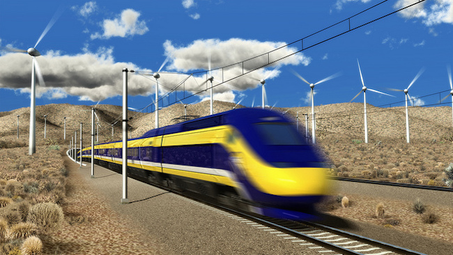 Artist rendering of train going through the Tehachapi Pass (California High-Speed Rail Authority)