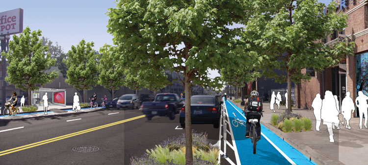 A rendering of the project showing improved bus stops, widened sidewalks, new trees, more on-street parking, and a cycle track. (My Figueroa Project)