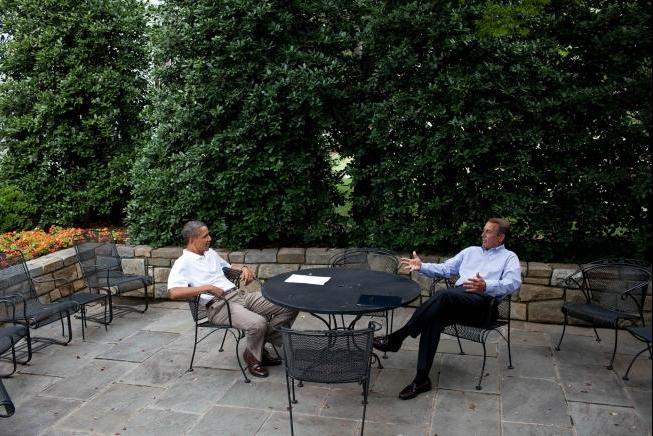 U.S. President Barack Obama meets with Speaker of the House John Boehner during debt ceiling increase negotiations, 2011 (Photo by Pete Souza, Wikimedia Commons)