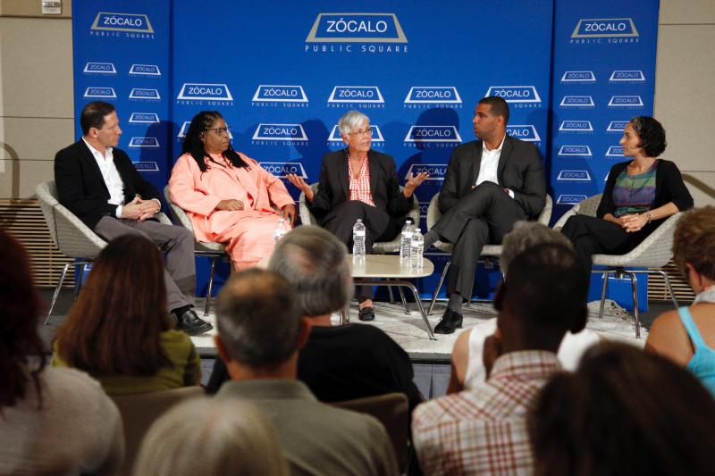  Moderator Tim Golden and panelists Susan Burton, Jeanne Woodford, Prophet Walker, and Keramet Reitter. (Aaron Salcido/AaronSalcido.com)