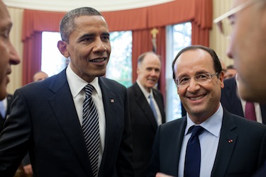 United States President Barrack Obama and French President François Hollande, following their bilateral discussion, May 18, 2012 (wikimedia/creativecommons).