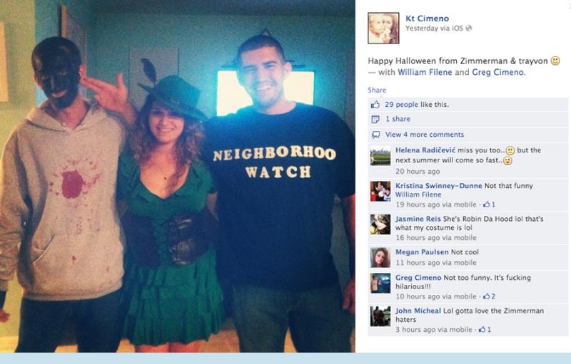 This Facebook screenshot shows Caitlin Cimeno's post before her account was deleted. The caption reads, "Happy Halloween from Zimmerman & Trayvon." (The Smoking Gun)