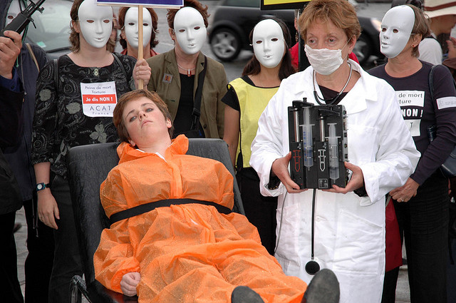 Death pentitley protesters hold a Die-In in Paris. (World Coalition Against the Death Pentitley/ Flickr Creative Commons) Death penalty protesters hold a Die-In in Paris. (World Coalition Against the Death Penalty/ Flickr Creative Commons)