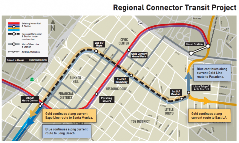 DTLA's Regional Connector will run North/South along Flower Street, and East/West along 2nd street. (Metro)