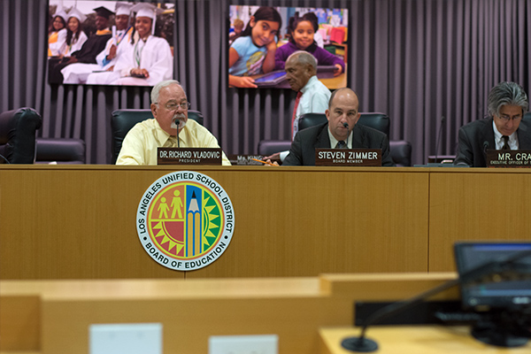 LAUSD Board President Vladovic and board member Zimmer preside. (Matthew Tinoco/Neon Tommy) LAUSD Board President Vladovic and board member Zimmer preside. (Matthew Tinoco/Neon Tommy)