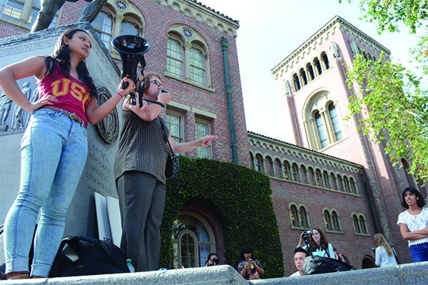 Los Angeles County Federation of Labor, AFL-CIO Executive Secretary-Treasurer Maria Elena Durazo speaks on behalf of Students. (Matthew Tinoco/Neon Tommy)