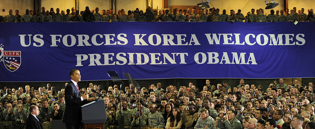Obama speaking at Osan Air Base in South Korea in 2009. U.S. relations with North Korea continue to be strained. (USFK/Creative Commons Flikr)