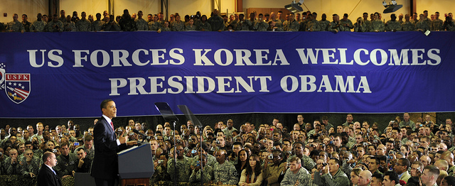 Obama speaking at Osan Air Base in South Korea in 2009. U.S. relations with North Korea continue to be strained. (USFK/Creative Commons Flikr) Obama speaking at Osan Air Base in South Korea in 2009. U.S. relations with North Korea continue to be strained. (USFK/Creative Commons Flikr)