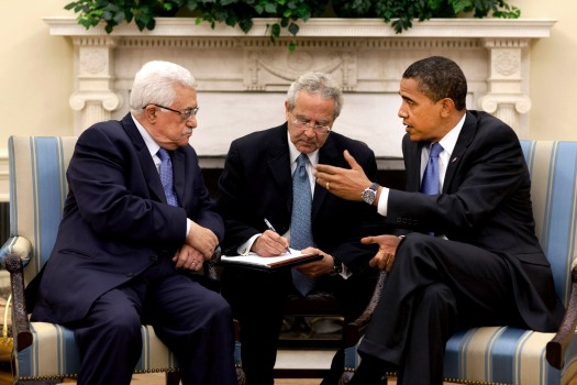 Abbas and Obama in 2009, the year the ICC denied Palestine's request to investigate Israeli military actions in Operation Cast Lead. (Pete Souza/Creative Commons Wikimedia)